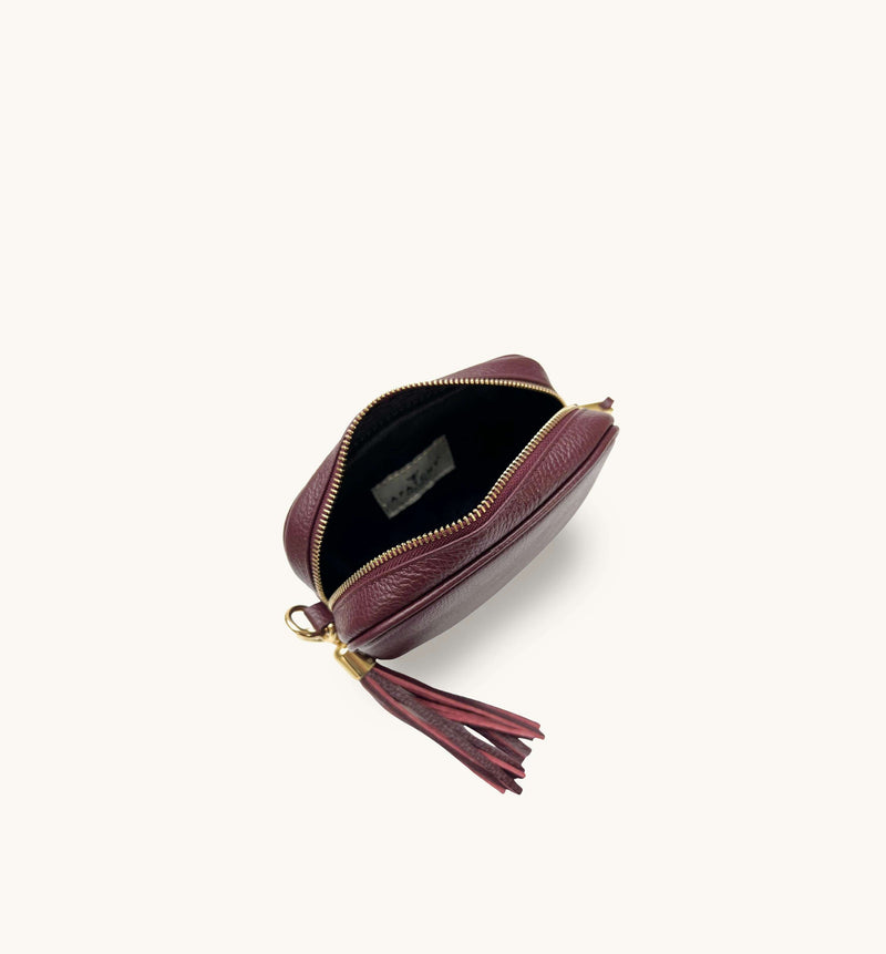 The Mini Tassel Port Leather Phone Bag With Gold Chain Crossbody Strap