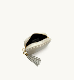 The Mini Tassel Stone Leather Phone Bag With Midnight Zigzag Strap