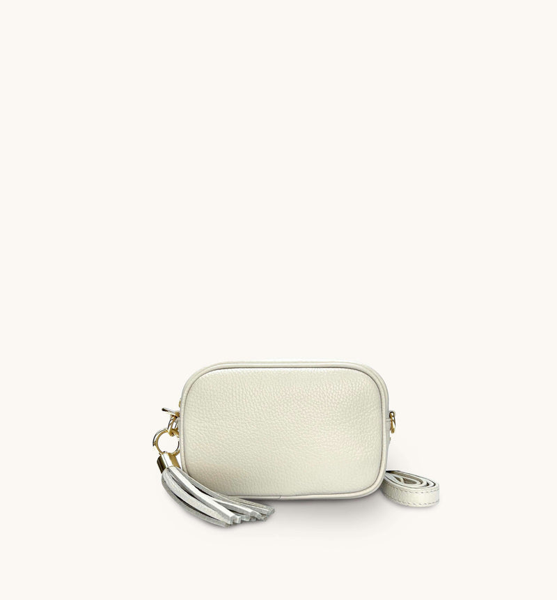 The Mini Tassel Stone Leather Phone Bag With Pistachio Cross-Stitch Strap