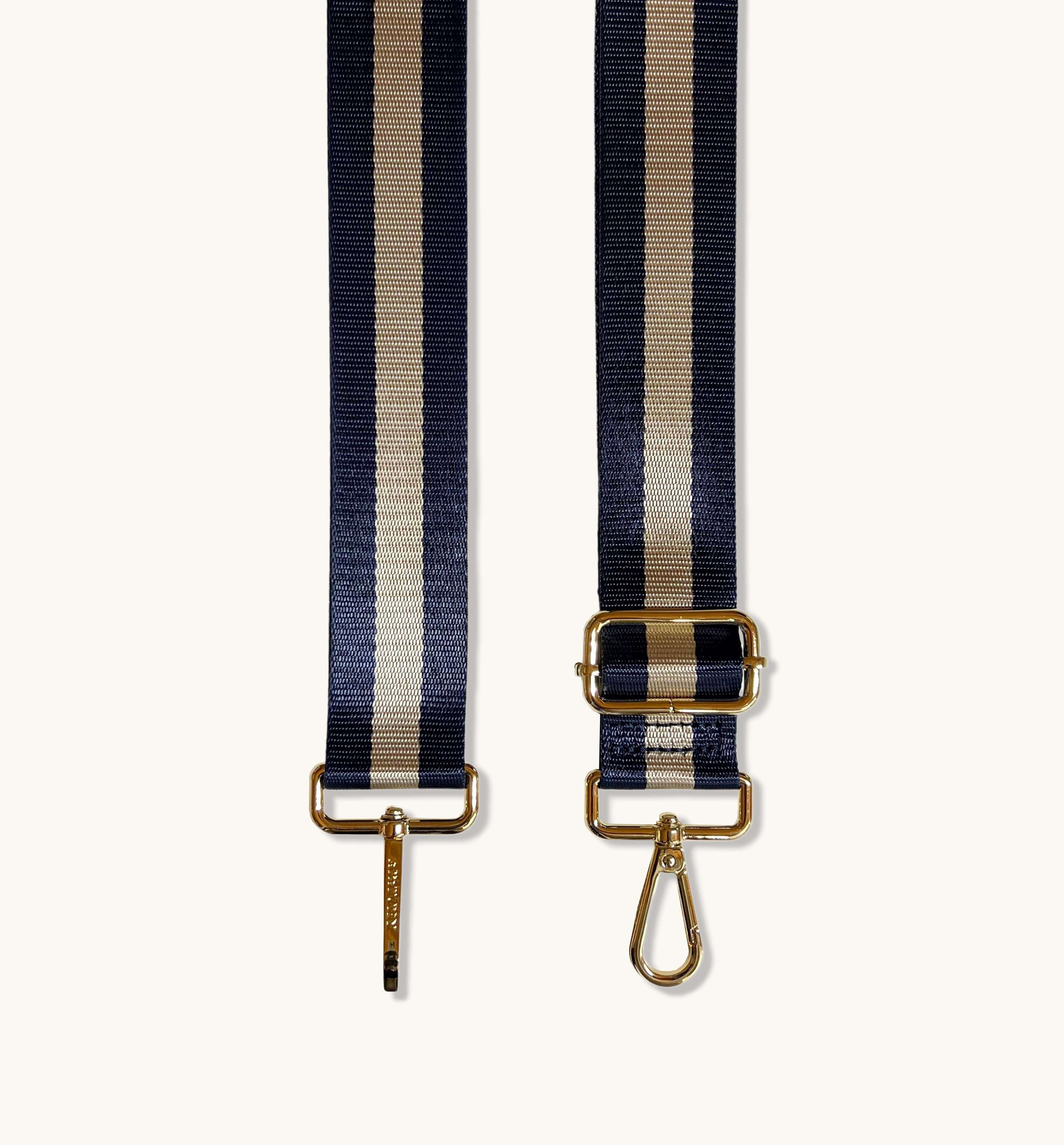 The Tassel Navy Leather Crossbody Bag With Navy & Gold Stripe Strap