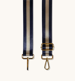Navy Leather Crossbody Bag With Navy & Gold Stripe Strap