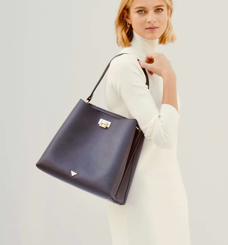 Navy leather best sale tote bag