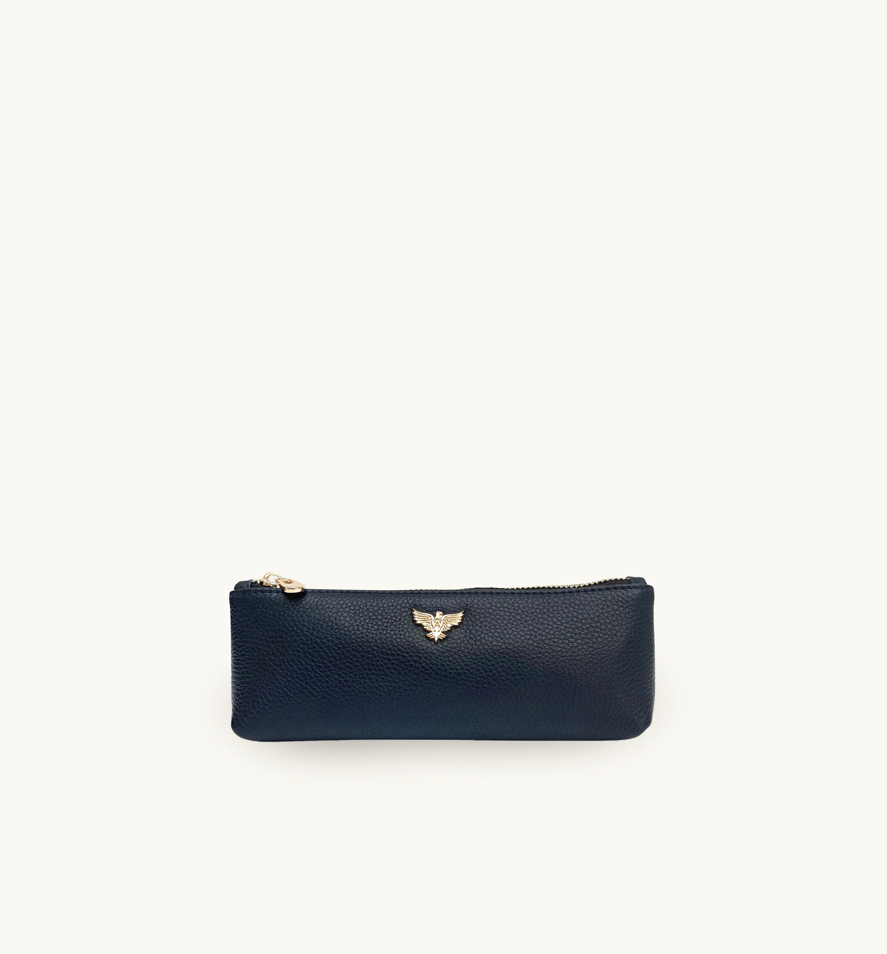 Navy small case with gold brand logo