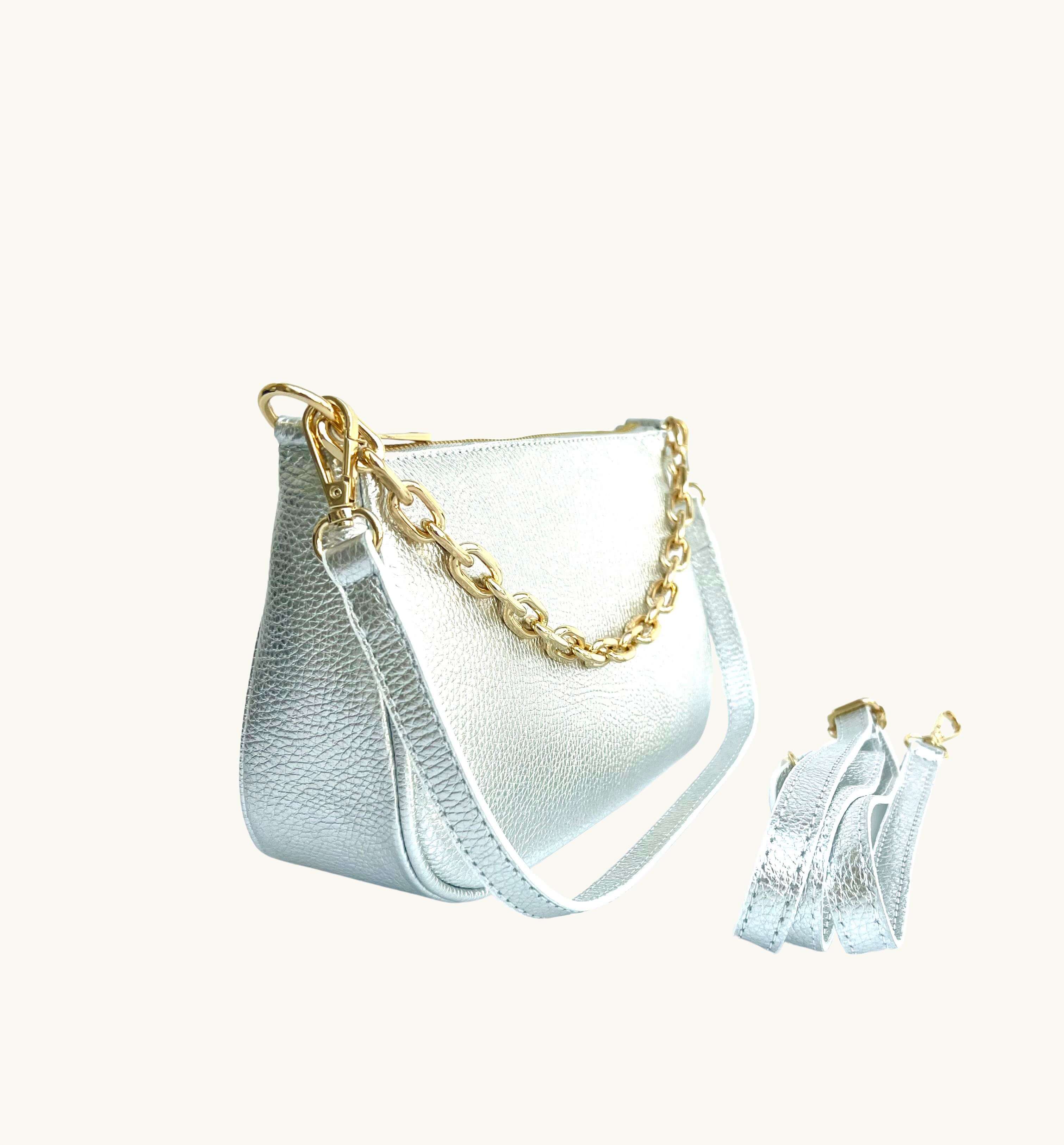 Silver Pebble Leather Baguette Bag