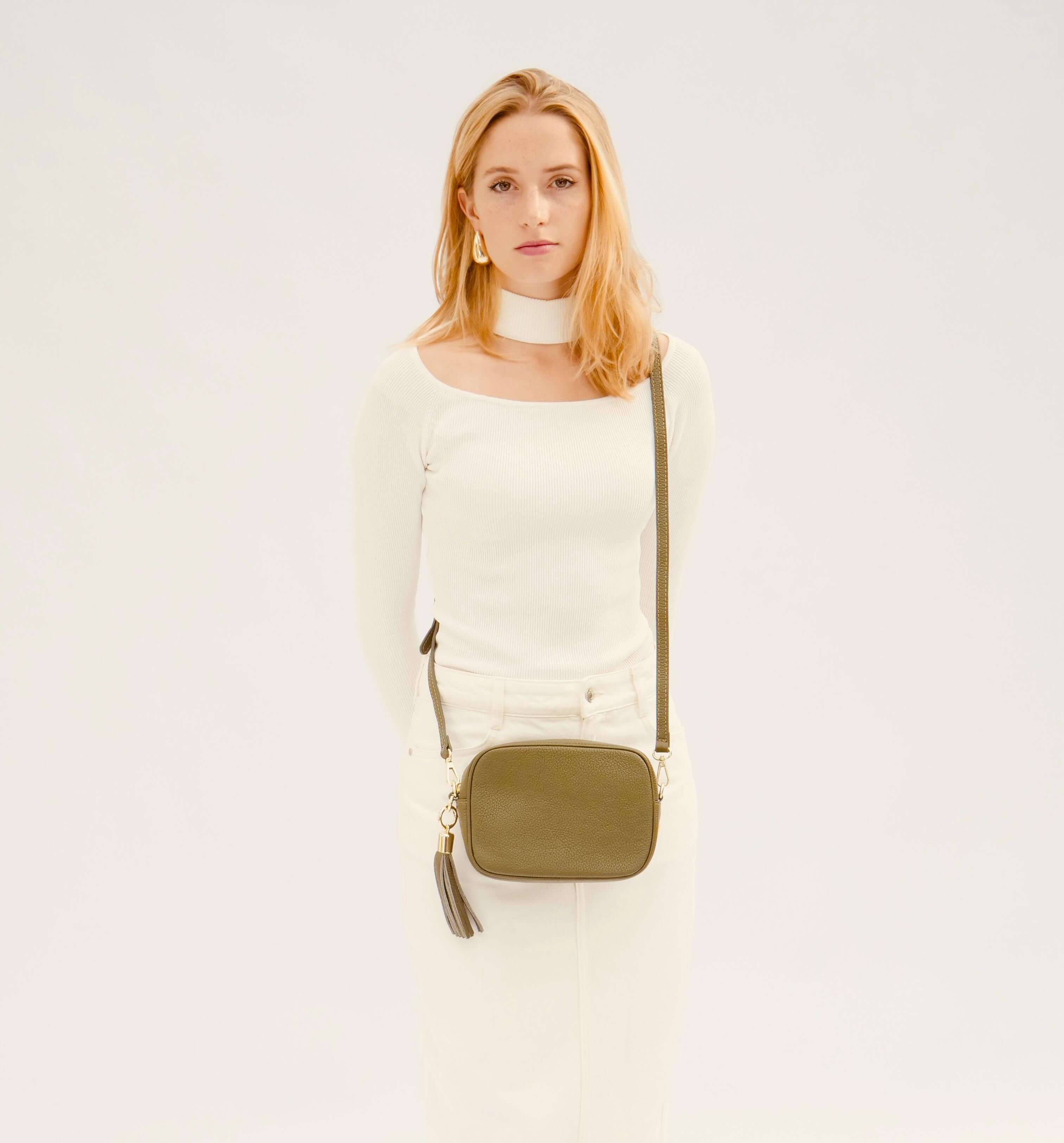 The Tassel Olive Green Leather Crossbody Bag With Khaki Pills Strap