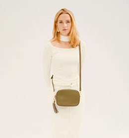Olive Green Leather Crossbody Bag With Khaki Pills Strap
