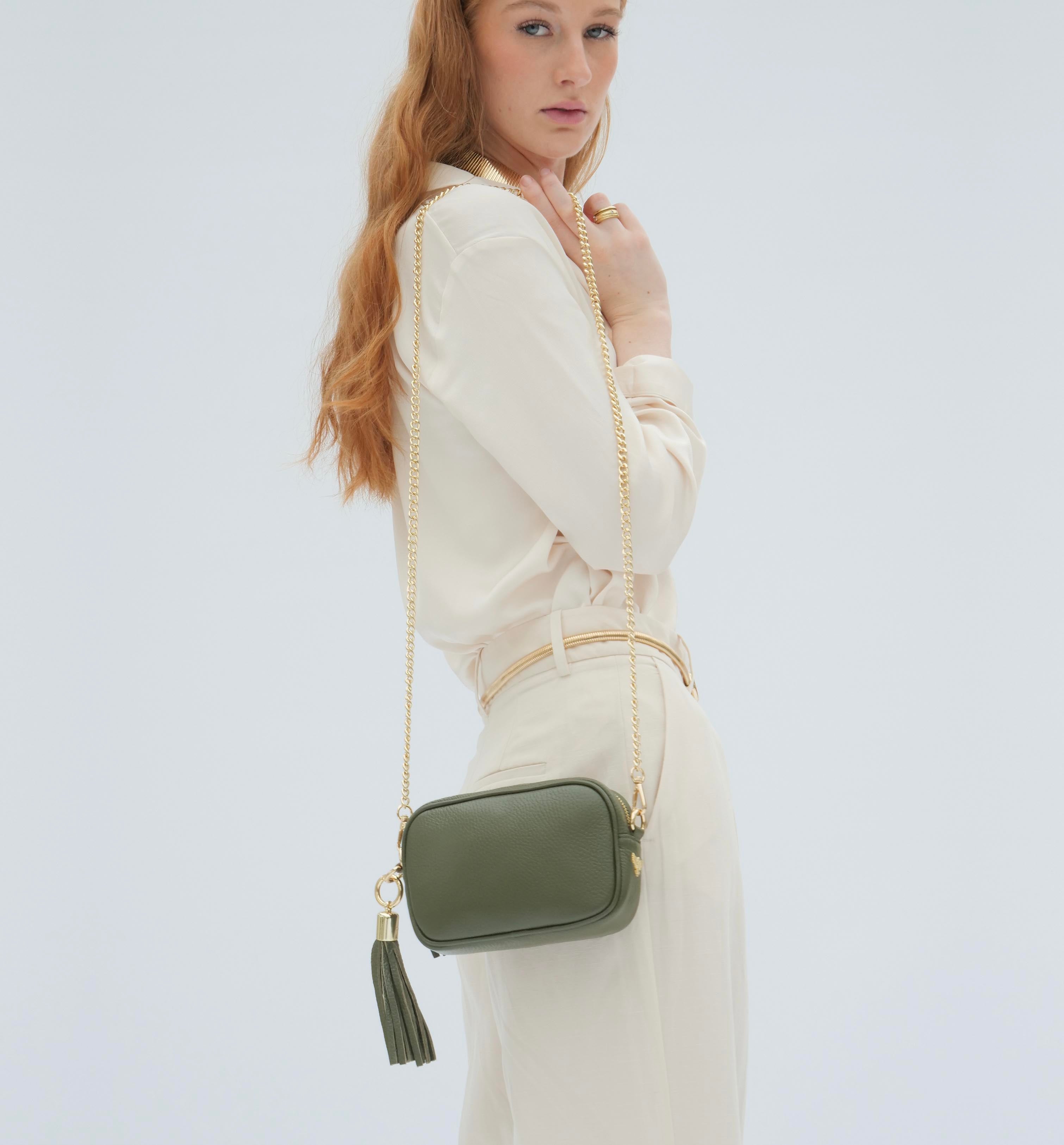 The Mini Tassel Olive Green Leather Phone Bag