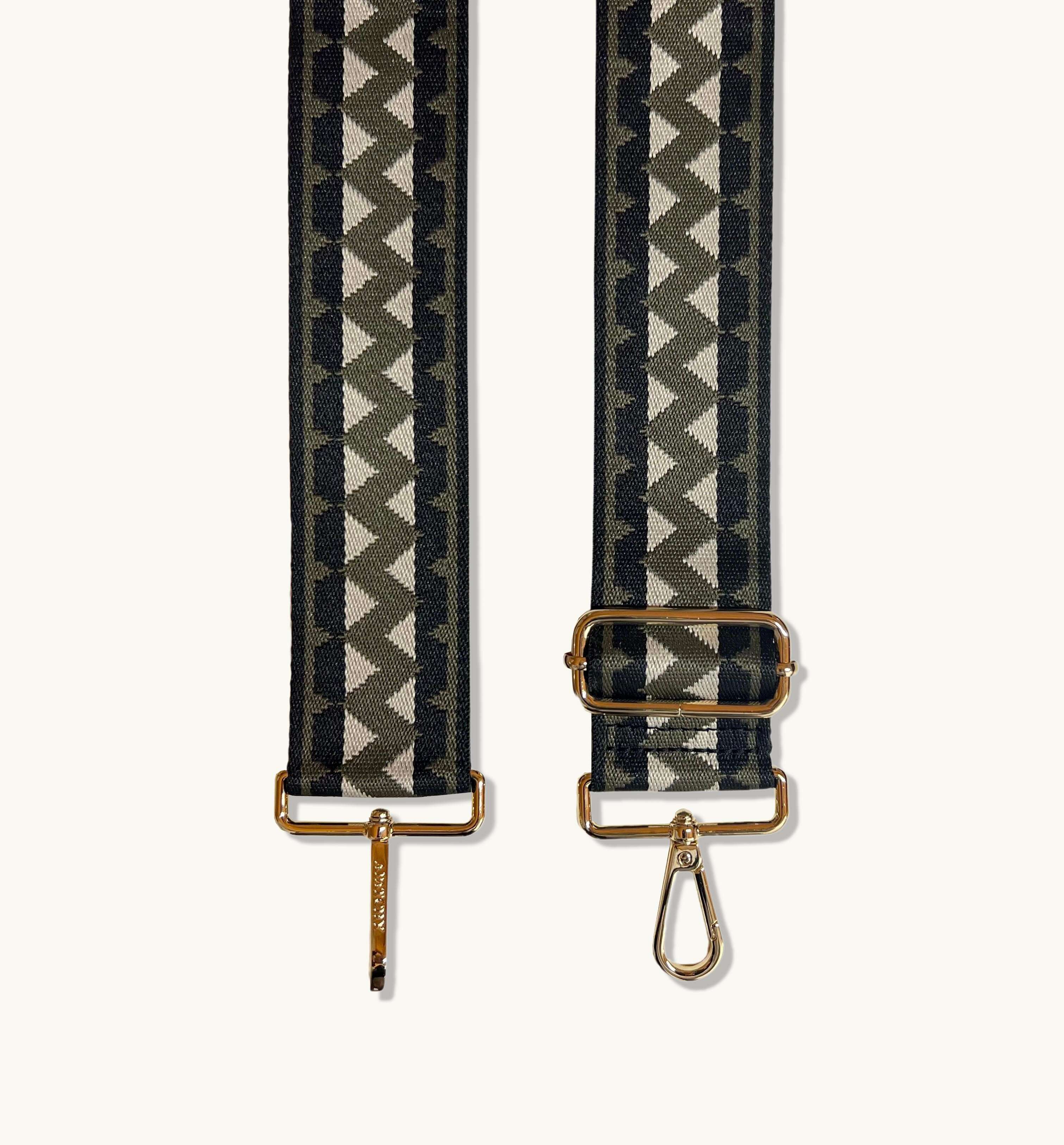 Stone Leather Crossbody Bag With Olive & Black ZigZag Strap