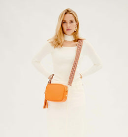 Orange Leather Crossbody Bag With Grey Boho Strap