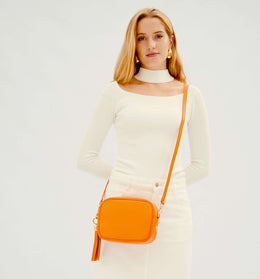 Orange Leather Crossbody Bag With Orange, Tan & Black Stripe Strap