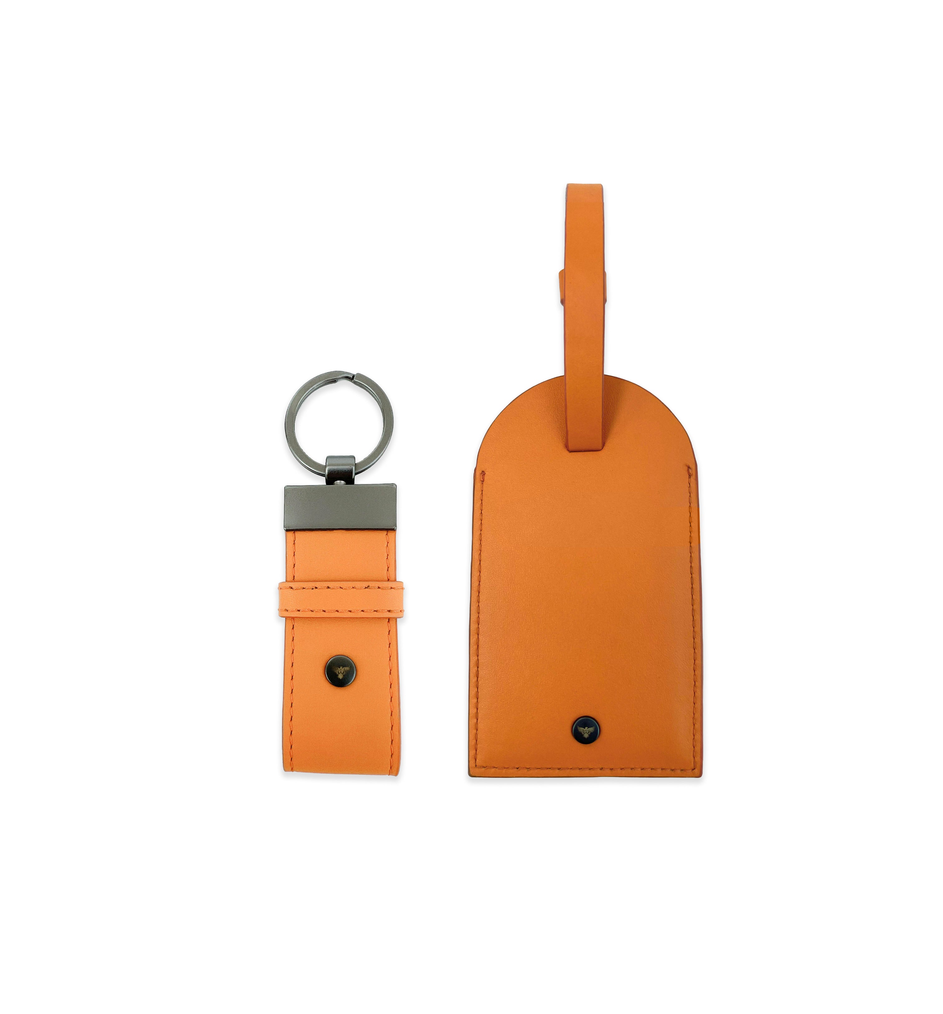 Orange Leather Luggage Tag and Loop Keyring Gift Set