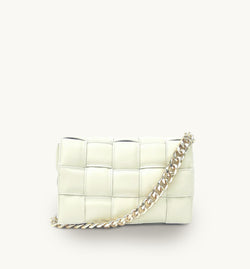 Ecru Padded Woven Leather Crossbody Bag With Gold Chain Strap