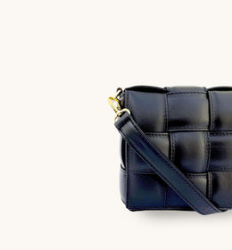 Black Padded Woven Leather Crossbody Bag With Gold Chain Strap