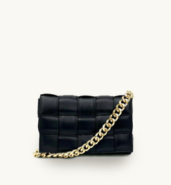 Black Padded Woven Leather Crossbody Bag With Gold Chain Strap