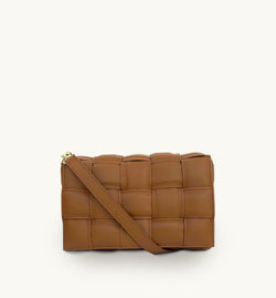 Tan Padded Woven Leather Crossbody Bag