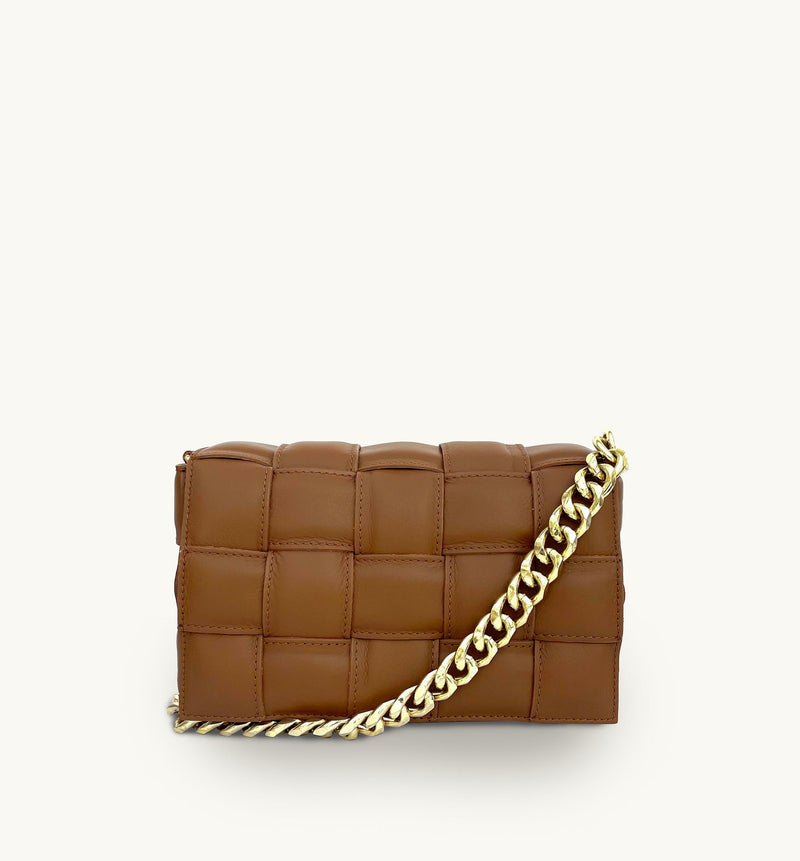 Apatchy Tan Padded Woven Leather Crossbody Bag With Gold Chain Strap