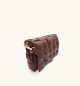 Chestnut Padded Woven Leather Crossbody Bag With Gold Chain Strap