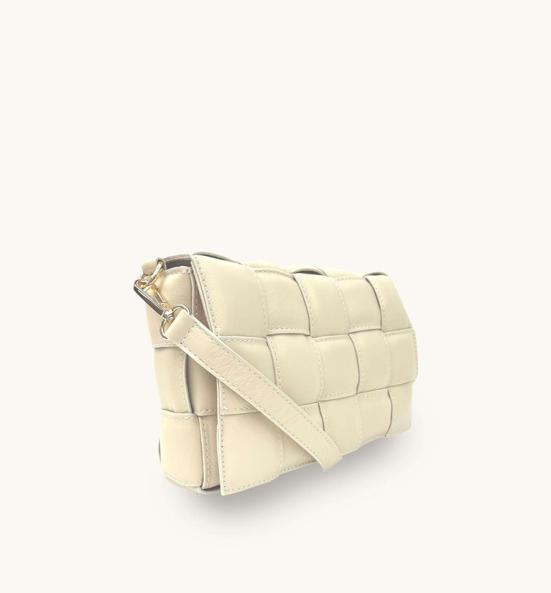 Ecru Padded Woven Leather Crossbody Bag
