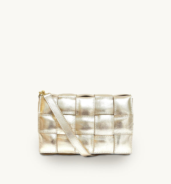 Apatchy Gold Padded Woven Leather Crossbody Bag