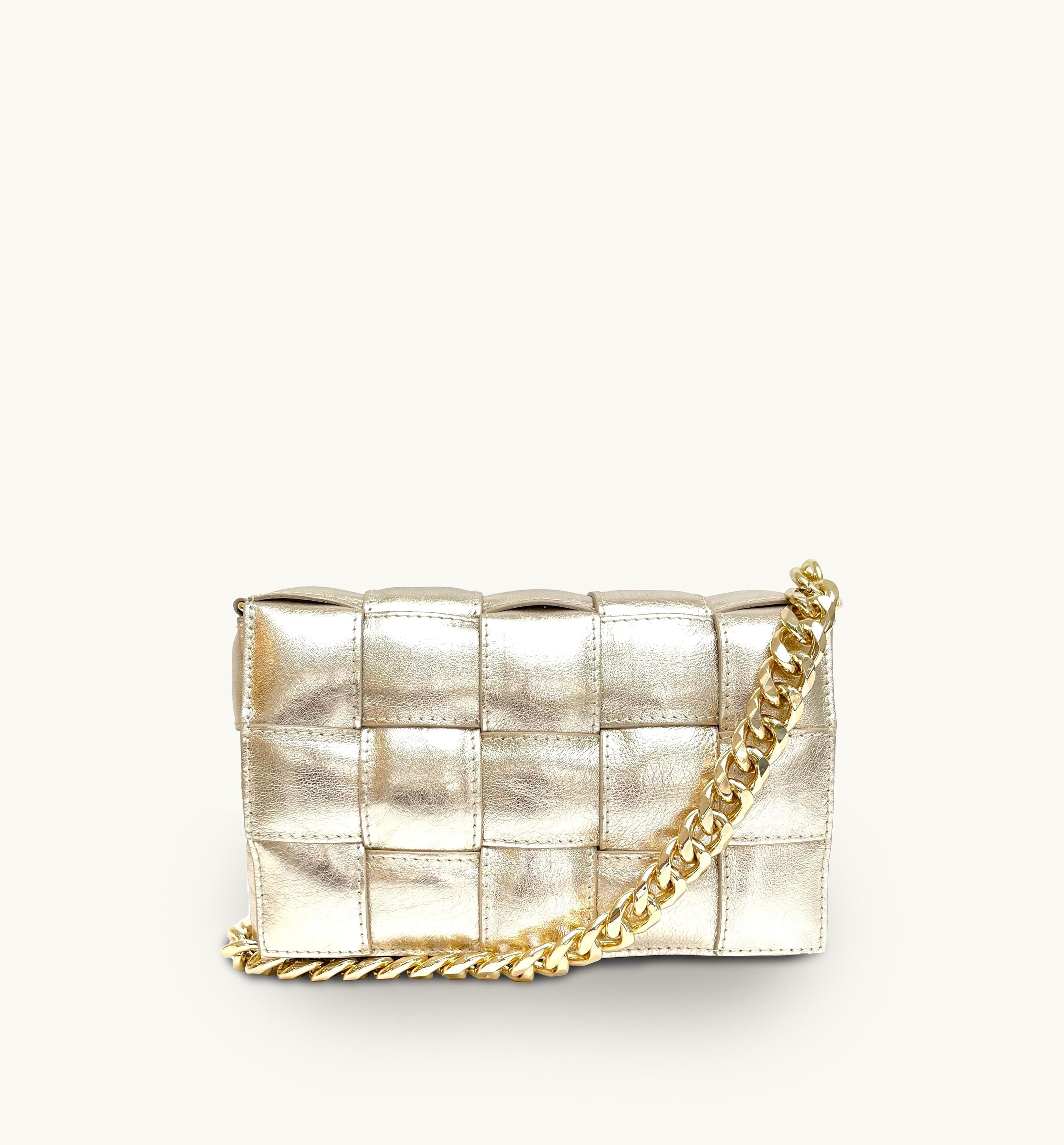 Apatchy Gold Padded Woven Leather Crossbody Bag With Gold Chain Strap