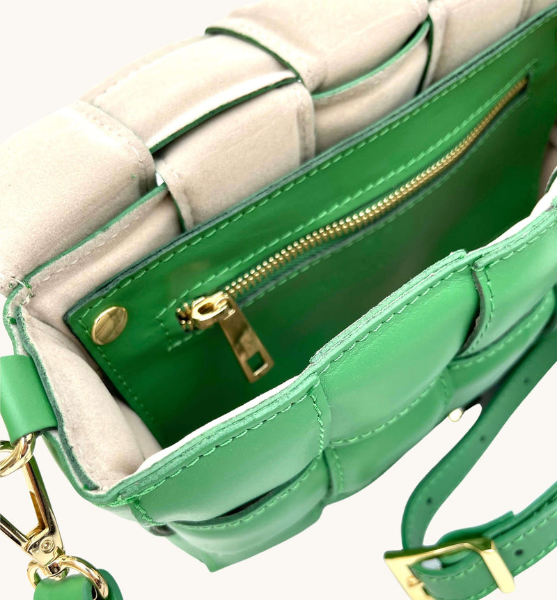 Bottega Green Padded Woven Leather Crossbody Bag With Gold Chain Strap
