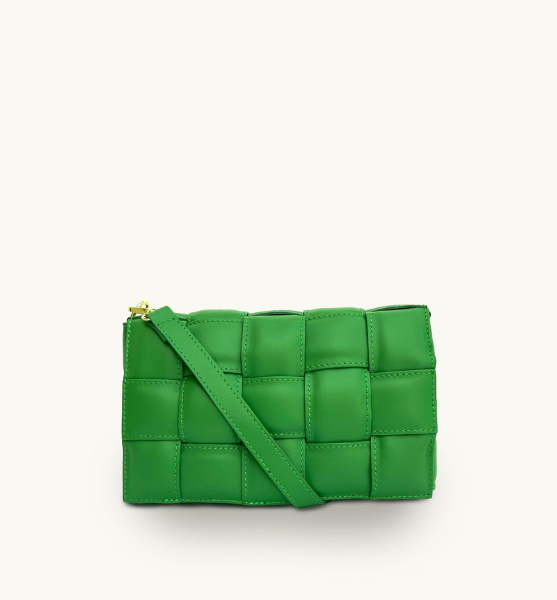 Bottega Green Padded Woven Leather Crossbody Bag With Gold Chain Strap