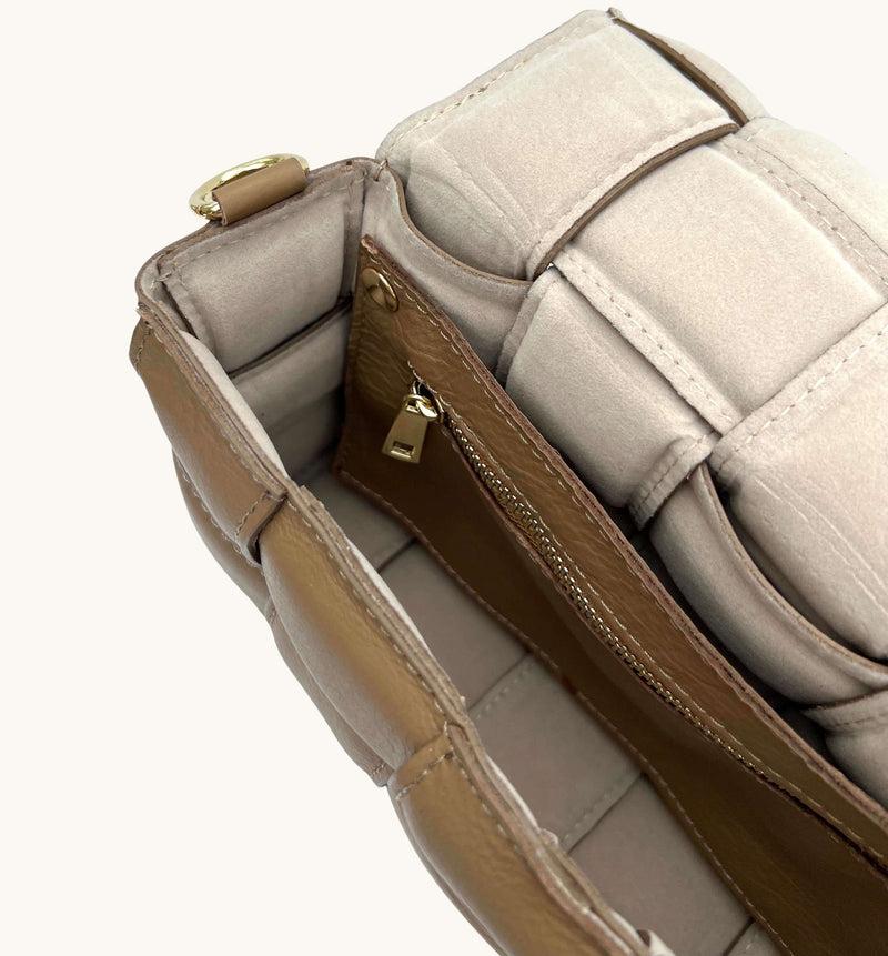 Latte Padded Woven Leather Crossbody Bag