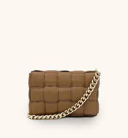 Apatchy Latte Padded Woven Leather Crossbody Bag With Gold Chain Strap