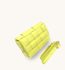 Lemon Padded Woven Leather Crossbody Bag With Gold Chain Strap