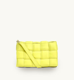 Lemon Padded Woven Leather Crossbody Bag With Gold Chain Strap