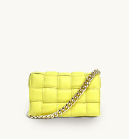 Apatchy Lemon Padded Woven Leather Crossbody Bag With Gold Chain Strap