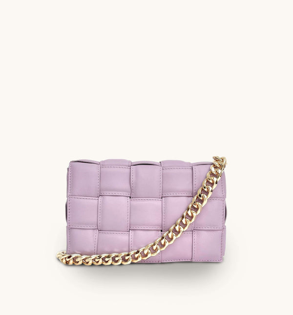 Apatchy Lilac Padded Woven Leather Crossbody Bag With Gold Chain Strap