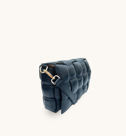Navy Padded Woven Leather Crossbody Bag With Gold Chain Strap