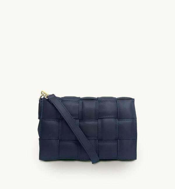 Navy Padded Woven Leather Crossbody Bag With Gold Chain Strap