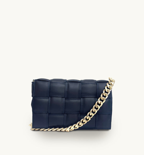 Apatchy Navy Padded Woven Leather Crossbody Bag With Gold Chain Strap