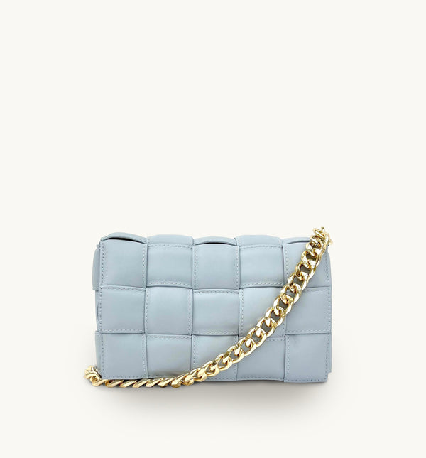 Apatchy Blue Padded Woven Leather Crossbody Bag With Gold Chain Strap