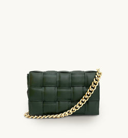 Racing Green Padded Woven Leather Crossbody Bag With Gold Chain Strap