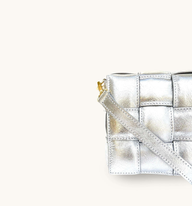 Silver Padded Woven Leather Crossbody Bag With Gold Chain Strap