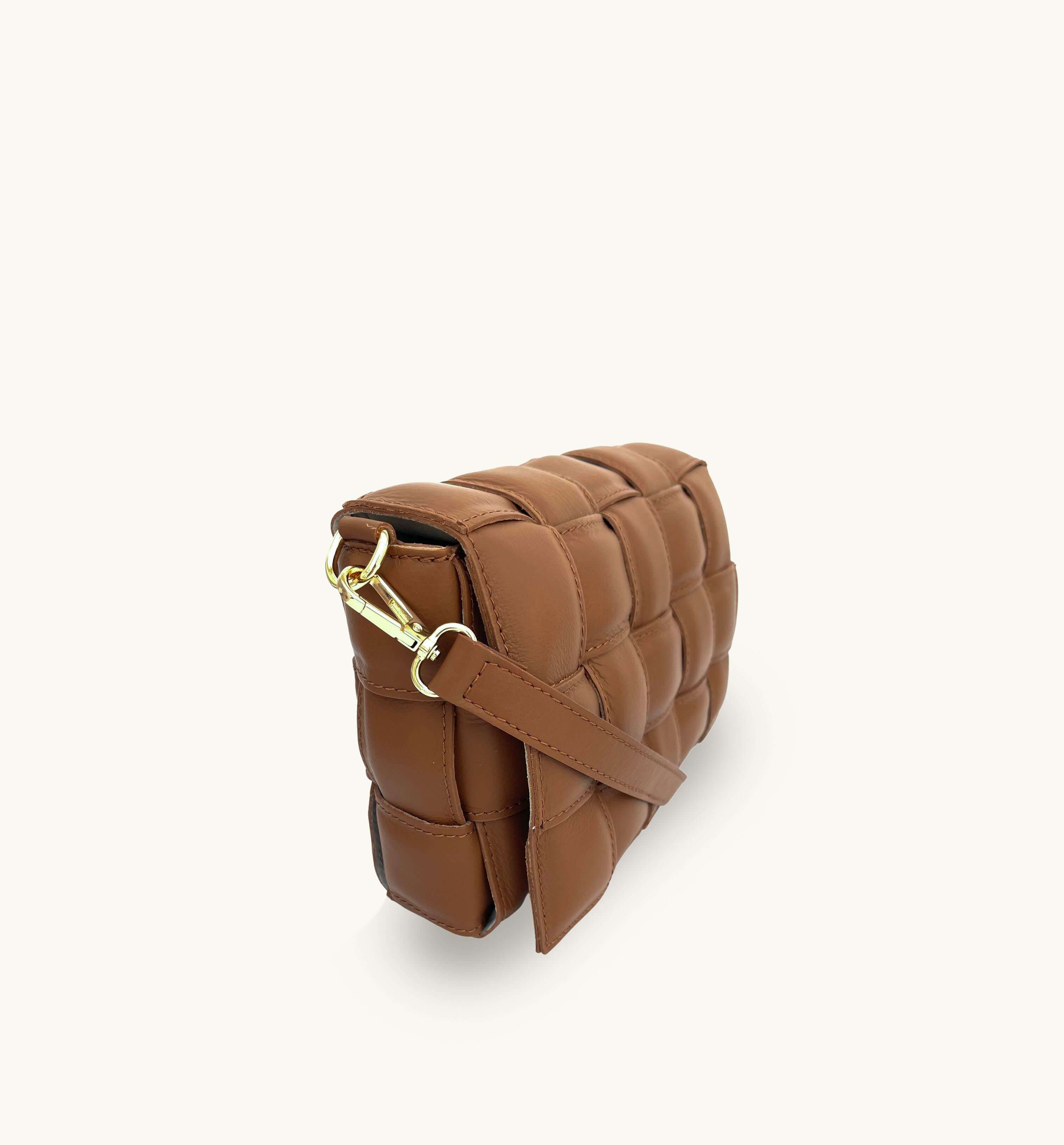 Tan Padded Woven Leather Crossbody Bag With Gold Chain Strap