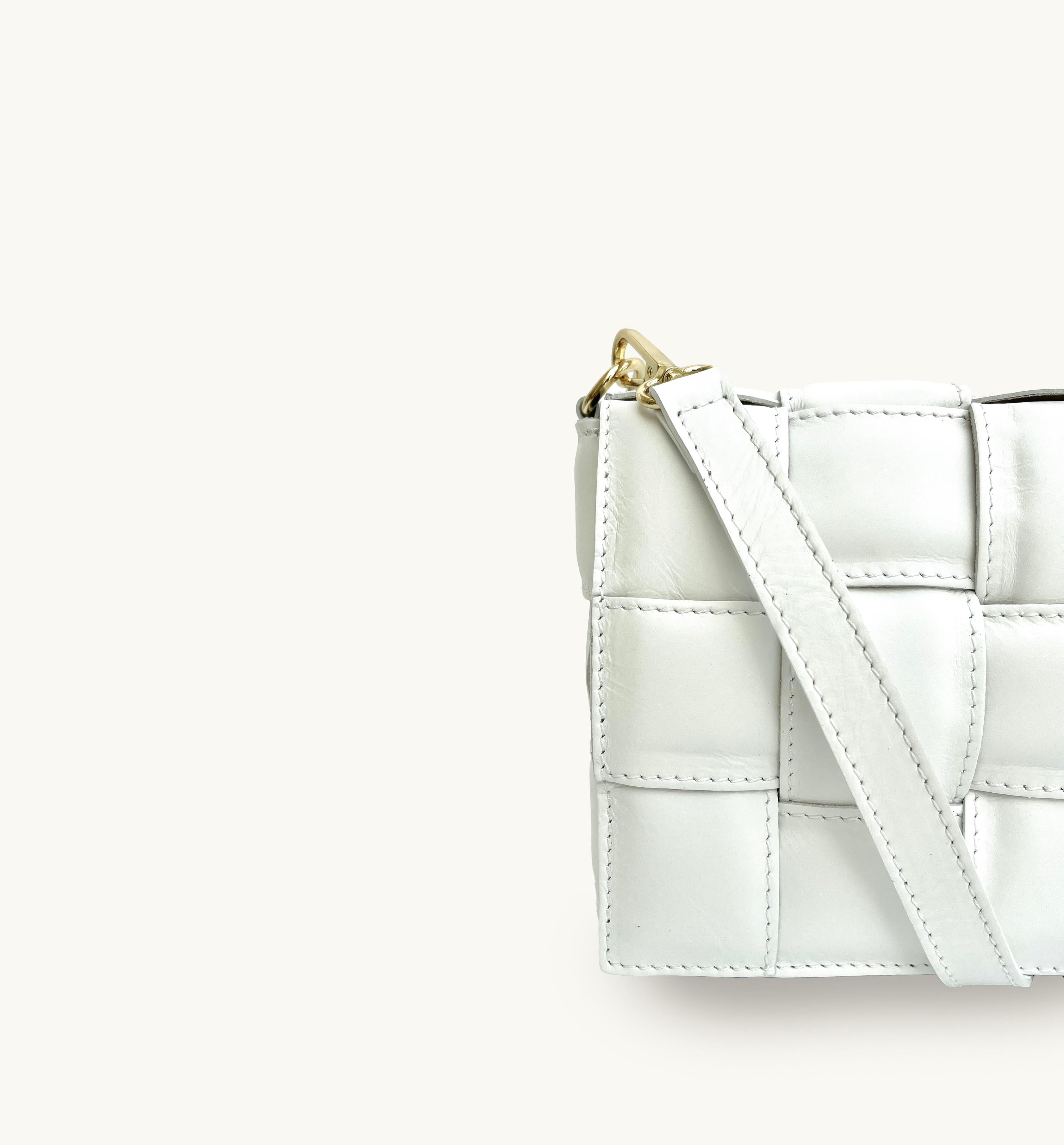 White Padded Woven Leather Crossbody Bag With Gold Chain Strap