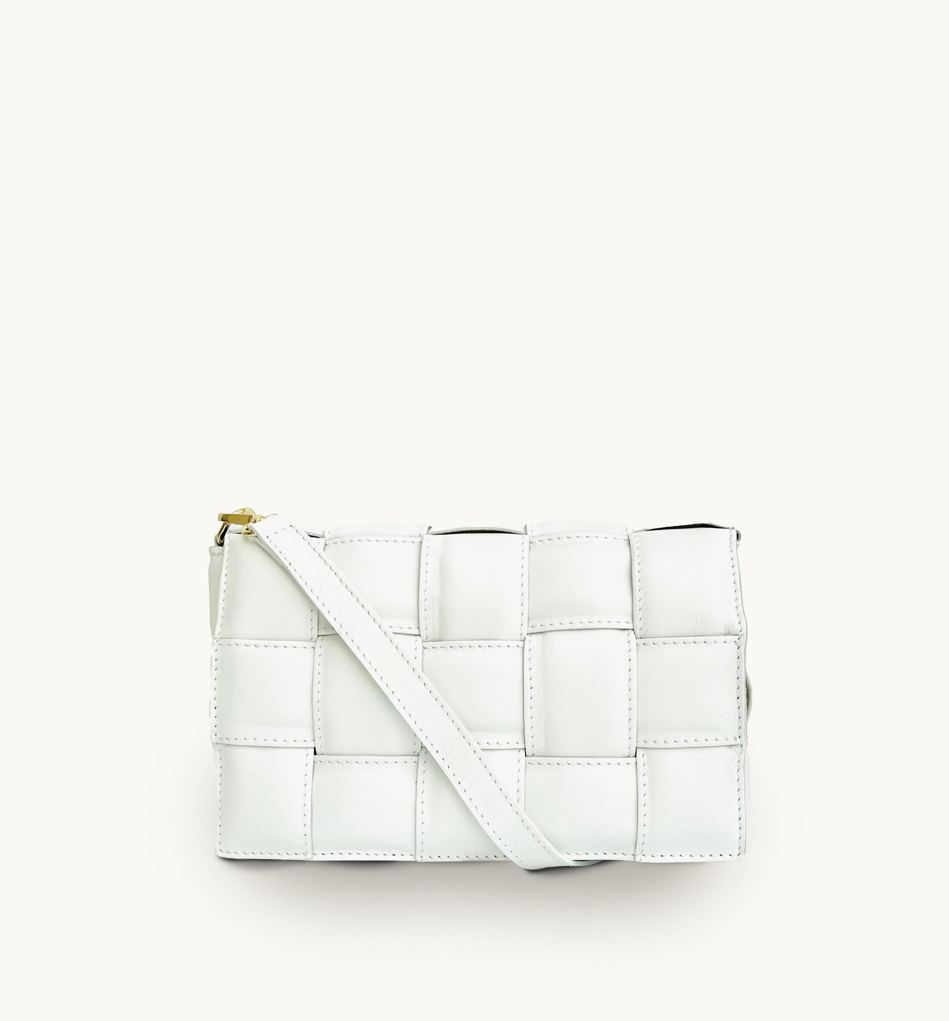 White Padded Woven Leather Crossbody Bag With Gold Chain Strap