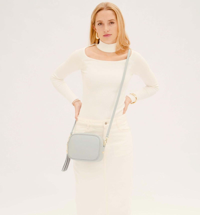 Pale Blue Leather Crossbody Bag With Gold Chain Strap