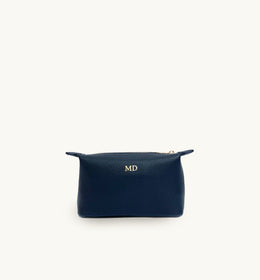 Personalised Small Leather Navy Makeup Bag