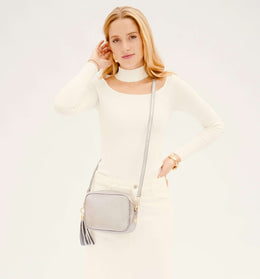 Pewter Leather Crossbody Bag With Grey Leopard Strap