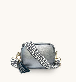 The Tassel Pewter Leather Crossbody Bag With Midnight Zigzag Strap