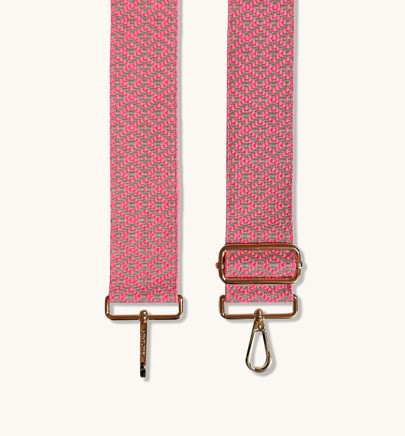 Stone Leather Crossbody Bag With Neon Pink Cross-Stitch Strap