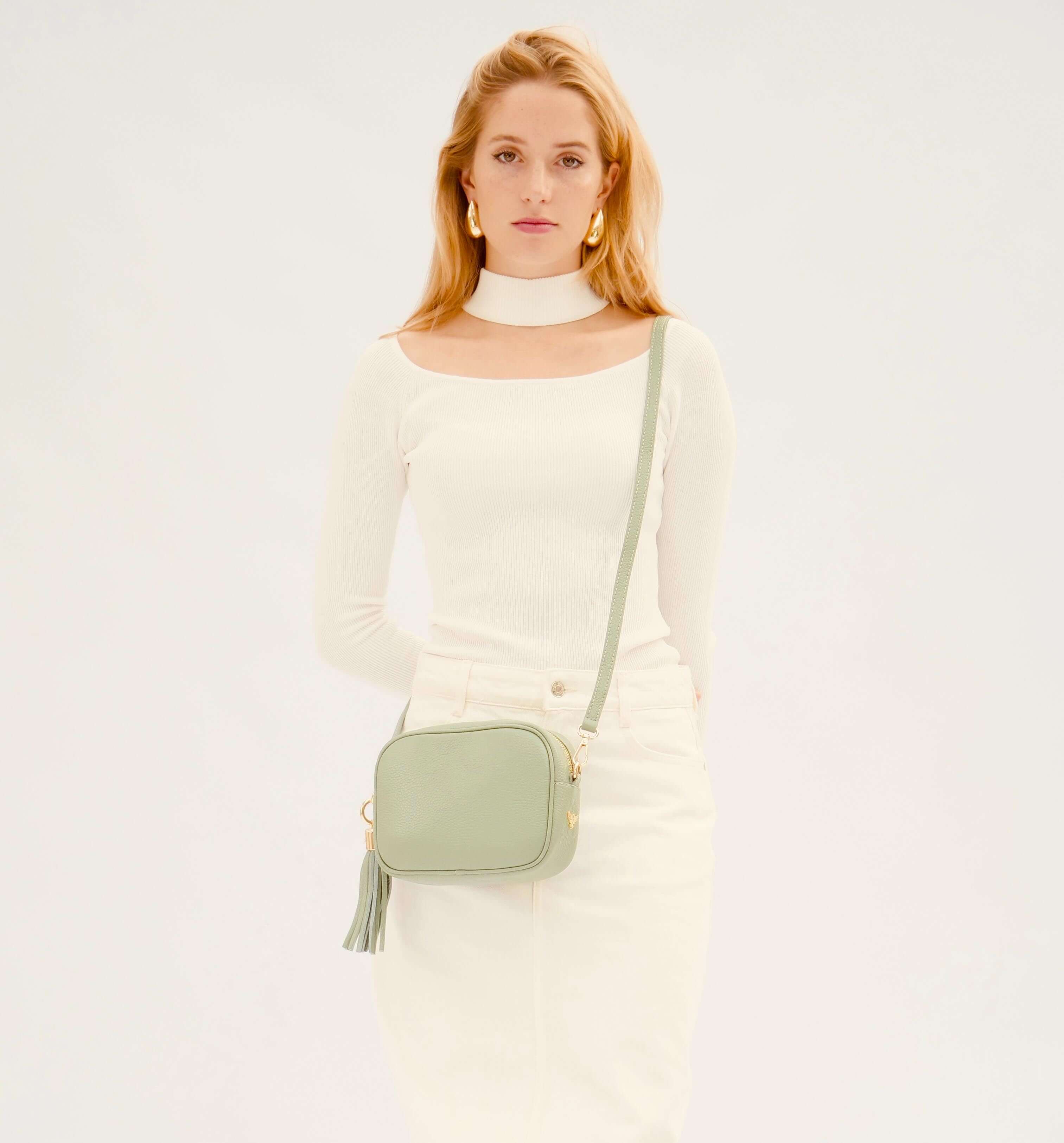 The Tassel Pistachio Leather Crossbody Bag With Pistachio Cross-Stitch Strap