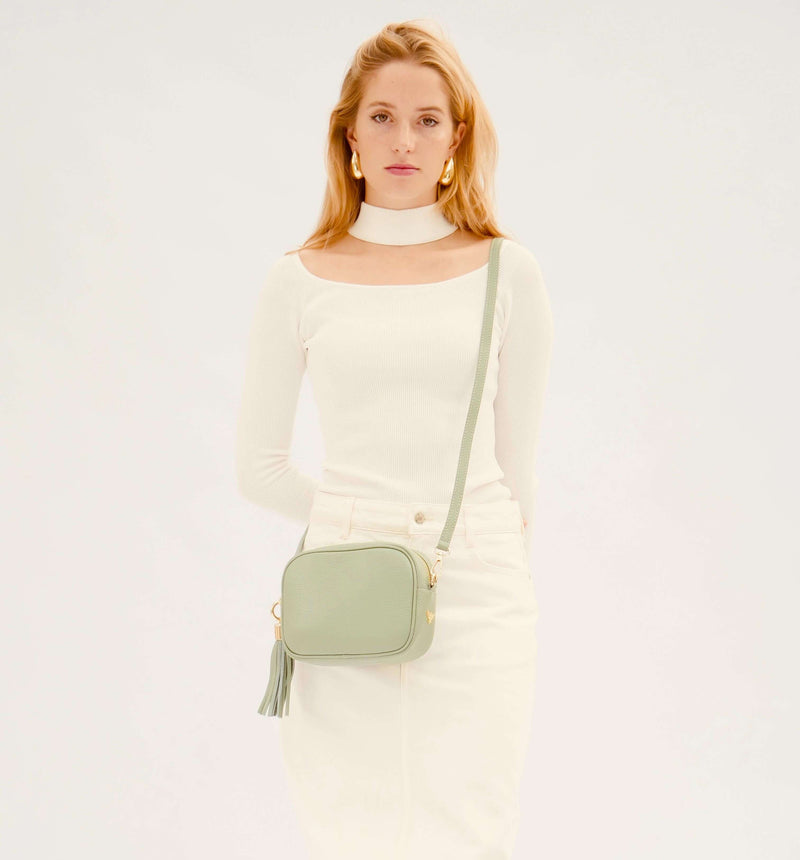Pistachio Leather Crossbody Bag With Gold Chain Strap