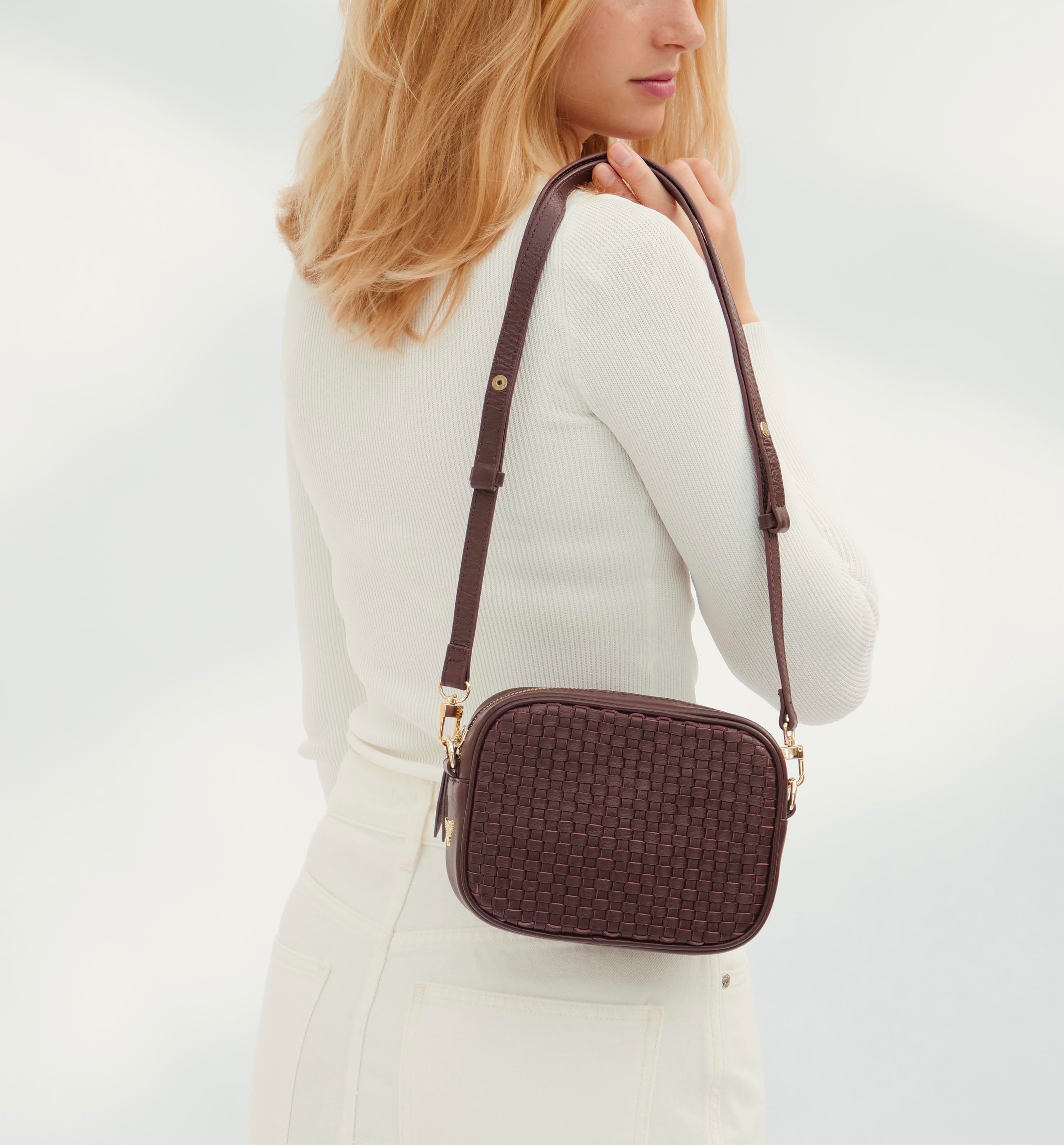 The Penelope Burgundy Woven Leather Camera Bag