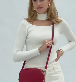 Cherry Red Leather Crossbody Bag With Rainbow Strap